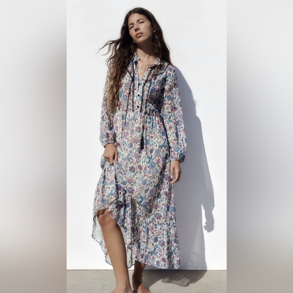 Zara Printed Dress With Lace Trims